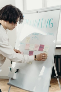 A person putting sticky notes on a whiteboard